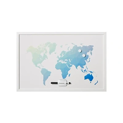 Image de Bi Office, Tableau Blanc Polygon Carte Mondiale, Effaçage à Sec Magnétique, Cadre en MDF Blanc, 60x40cm