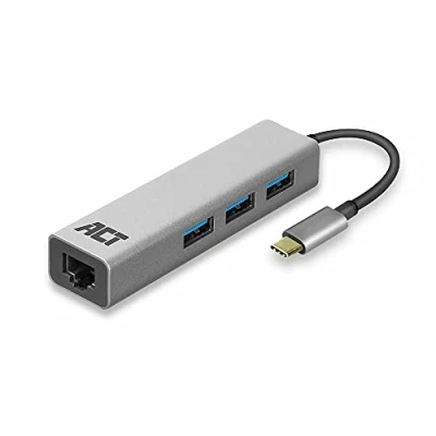 Image de ACT AC7055 Adaptateur réseau LAN avec 3 Ports USB 3.0 SuperSpeed 5 Gbps, RJ45 Gigabit Ethernet 10/100/1000 Mbps, Argent