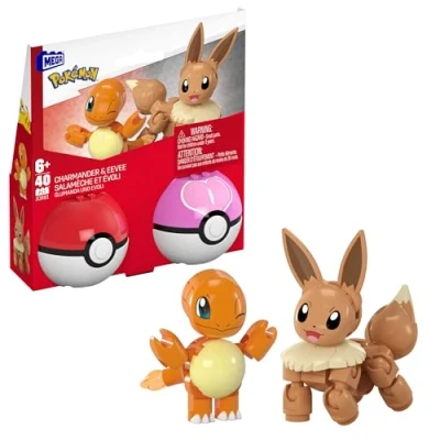 Image de MEGA Pokémon Salamèche et Évoli, coffret de construction avec figurines articulées 40 pièces, 2 Poké Balls, pour enfants , JCR81