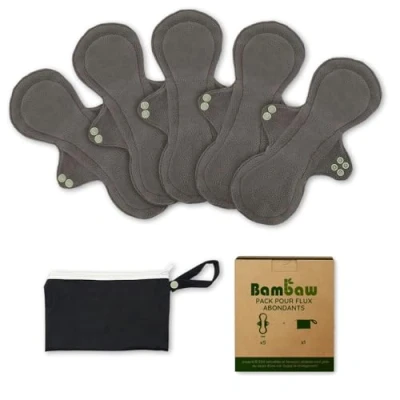 Image de Bambaw Serviette Hygienique Lavable 5pcs Avec 1 Pochette Discrète, Hygiénique Maternité, Zero Dechet et Écologique Réutilisable, Protège Slip De Nuit Pour Flux Abondant