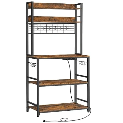 Image de VASAGLE Étagère de Cuisine avec Multiprise, Support pour Micro Ondes, Rangement, Panneau Grillagé, 14 Crochets, 40 x 80 170 cm, Marron Rustique et Noir KKS025B01EU