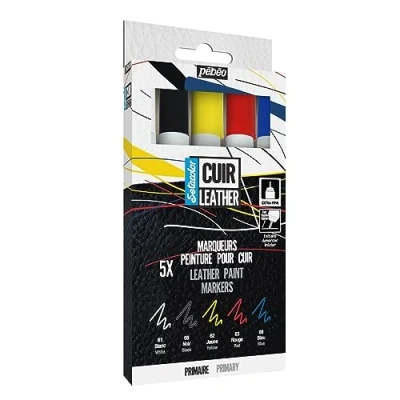 Image de PEBEO Set Setacolor Acrylique Cuir et Similicuir Personnalisation Sac, Chaussure Résistance Rayures, pliures, frottements Pointe Extra Fine 5 Marqueurs Couleurs Primaires