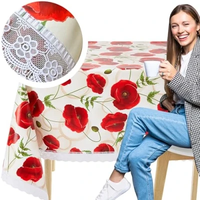 Image de KP HOME Nappe Toile Cirée 200x140cm, Rectangulaire Imperméable et Facile à Nettoyer, Housse de Table en PVC pour Intérieur Extérieur, Vinyle Fleurie aux Coquelicots avec Dentelle