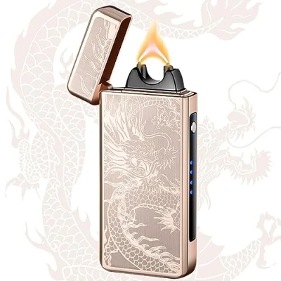 Image de TIKIUKI Briquet électrique USB Rechargeable à Arc Plasma Tempête Portable pour Homme avec Indicateur De Batterie Utilisé Bougies (Dragon Doré)