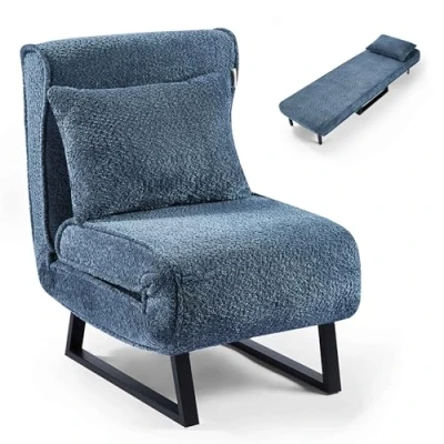 Image de Makika Fauteuil Convertible Lit Tissu Bouclette Lea Pliable 4en1 Dossier réglable 5 Positions Oreiller Inclus Jusqu&#039;à 200 kg Chauffeuse Rembourrée Canapé Salon Bureau Chambre en Bleu