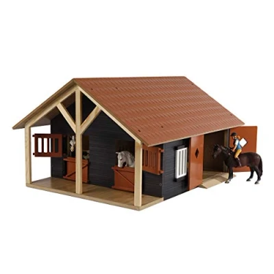 Image de Van Manen Kids Globe Farming 610167 Clapier en Bois pour Chevaux Échelle 1/24 avec 2 Boxes, Atelier, Toit et Portes Mobiles