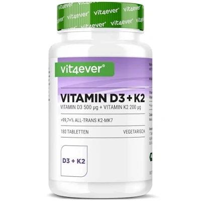Image de Vitamine D3 20,000 I.U + K2 200 mcg Menaquinone MK7 Depot 180 Comprimés 99.7+% All Trans (K2VITAL® by Kappa) Végétarien Dose élevée