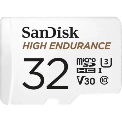 Image de SanDisk HIGH ENDURANCE Video Monitoring for Dashcams &amp; Home 32 GB microSDHC Memory Card + SD Adaptor, Up to 100 MB/s read and 40 Write, Class 10, U3, V30, White