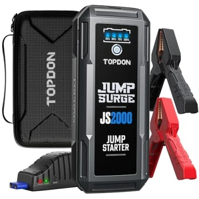 Image de TOPDON JS2000 Booster de Batterie Voiture 2000Amp 16000mAh, Jump Starter pour Les Autos jusqu&#039;à 8L Diesel et 6L, démarreur 12V avec LED, Charge Rapide USB appareils électriques.