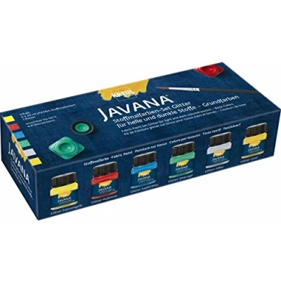 Image de Kreul 92400 Javana Peinture pour Tissu Tissus clairs et foncés, Set de Couleurs Base, Couleur Brillante avec Effet métallique, caractère pâteux, 6 x 20 ML Un Pinceau