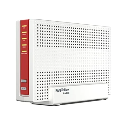 Image de AVM FRITZ ! Box 6690 câble (modem DOCSIS 3.1, Wi Fi 6 4x4 (WLAN AX) avec 4 800 Mbps (5 GHz) + 1 200 (2,4 GHz), port LAN 2,5 Gigabit, USB 3.0, TECT), blanc/rouge