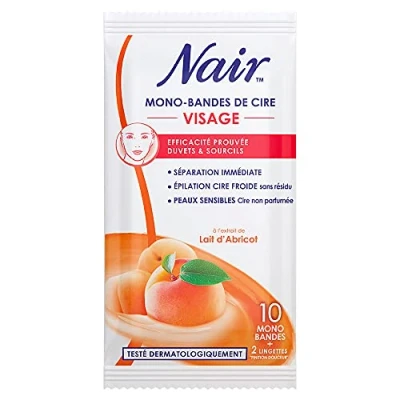 Image de NAIR Mono Bandes de Cire Froide Visage à l&#039;Extrait Lait d&#039;Abricot, Sachet Nomade, 10 + 2 Lingettes &quot;Finition Douceur&quot;