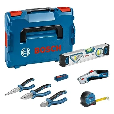 Image de Bosch Professional set d’outils à main 13 pièces (avec 2 pinces, 1 cutter classique, mètre ruban, niveau bulle de 25 cm, lame pliante, 10 lames rechange, dans L BOXX)