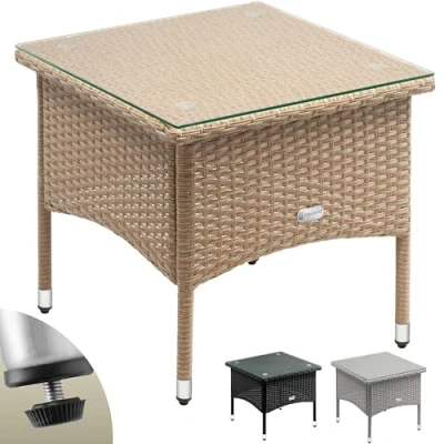 Image de table d’appoint en polyrotin crème basse 50x50x45cm avec plaque verre Petite de jardin résine tressée
