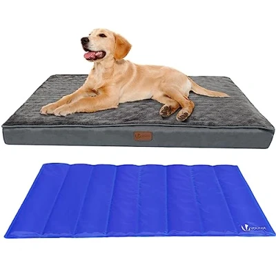 Image de vounot Coussin pour Chien Dehoussable en Mousse avec Tapis Refraichissant 2 1 Matelas Lit de Lavable et Refroidissement Panier Grande Taille 115x81x9cm