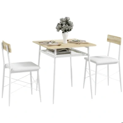Image de HOMCOM Ensemble Table et chaises, de Cuisine avec Structure en Acier, 2 chaises encastrables, pour Salon Maison, Blanc chêne