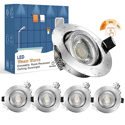 Image de Wowatt 7W Spot LED Encastrable Dimmable IP44 Blanc Chaud 2800K Equi. 70W Ampoule Halogène Plafonnier Encastré Orientable Extra Plat 28mm pour Salle de Bain 220V 700LM Éclairage Rond 83Ra Lot 5