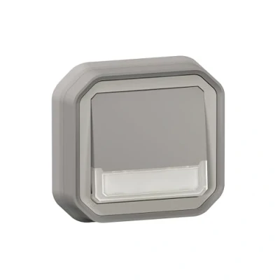 Image de LEGRAND, Plexo New 069824L Bouton poussoir lumineux pour pièces humides avec porte étiquette, ouverture et contact de fermeture (NO+NC), livré 12 V le câblage, compatibilité 230 V, gris
