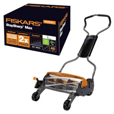 Image de Fiskars Tondeuse à gazon manuelle, cylindre avec système de coupe sans frottement des lames, Largeur coupe: 46 cm, Noir/Orange/Argenté, StaySharp Max, 1000591