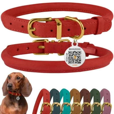 Image de BRONZEDOG Collier pour Chien en Cuir roulé avec Plaque d&#039;identification QR Rond Durable personnalisé Chiens de Petite, Moyenne et Grande Taille (43,2 à 48,3 cm, Rouge)