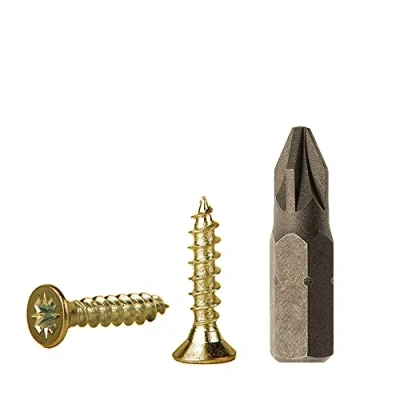 Image de Lot de 100 vis à bois en acier zingué jaune 3,0 x 12 mm, panneaux d&#039;aggloméré, Pozi Drive universelles, PZ entièrement fileté, tête fraisée Pozidriv (100, mm)