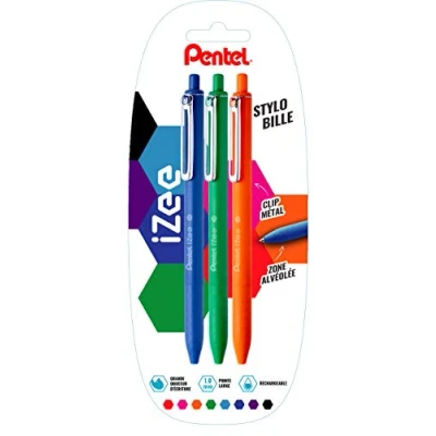 Image de Pentel 487302 Lot de 3 stylos bille iZee rétractables avec clip en métal Bleu/vert/orange