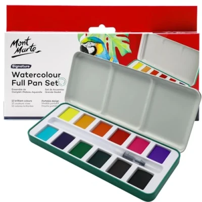 Image de MONT MARTE Signature Aquarelle Set 13pc, vibrant, dans une boîte portable, y compris 3 puits de mélange et un pinceau à eau rond rechargea