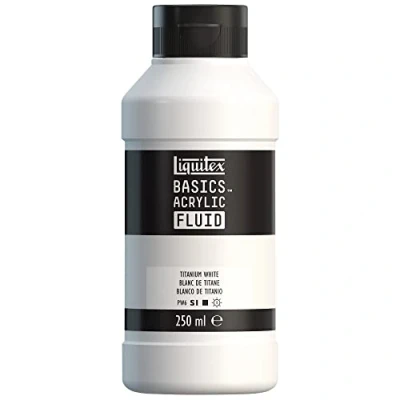Image de Liquitex 8870428 Basics Fluid Peinture acrylique à consistance fluide, séchage rapide, résistante la lumière, imperméable, base d&#039;eau, Flacon de 250 ml, Blanc Titane