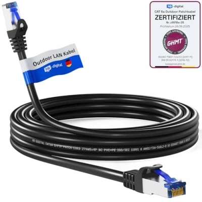 Image de HB DIGITAL 12m Cable Ethernet CAT6a Câble Réseau Extérieur Intérieur Connecteur RJ45 Certifié GHMT S/FTP PIMF 10Gbit/s AWG26 IP66 Résistant à la poussière/à l&#039;eau/à l&#039;huile/protégé contre UV Noir