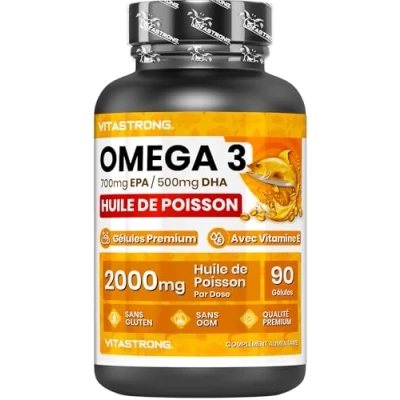 Image de Omega 3 Huile de Poisson 2000mg 700mg EPA et 500mg DHA par portion Vitastrong Oméga avec Vitamine E Fish Oil Riche en Acides Gras Softgel Sans Retour Goût