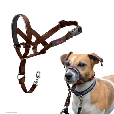 Image de Licol HALTI pour Que Votre Chien arrête de Tirer sur sa Laisse, Facile à Enfiler, Partie entièrement matelassée Le museau, Colliers Anti Traction Petits Chiens (Taille 1, Brun Noisette)