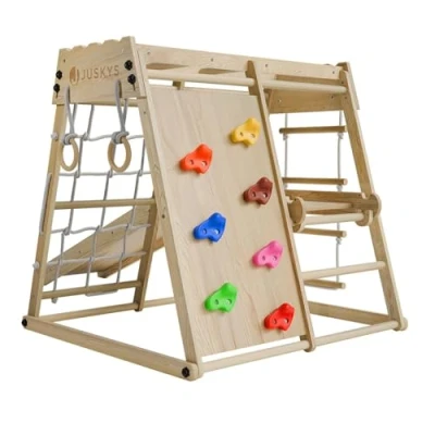 Image de Juskys Mini Structure d&#039;escalade pour Enfants Aire de Jeux intérieure avec Toboggan, Mur d&#039;escalade, Filet à Grimper &amp; Anneaux Gym Tour Pliable en Bois Coloris Naturel