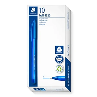 Image de Staedtler 4320 F 3 Lot de 10 stylos à bille triangulaires, couleur d&#039;écriture : bleu, largeur ligne environ 0,7 mm, pour une écriture détendue, bleus dans un étui en carton