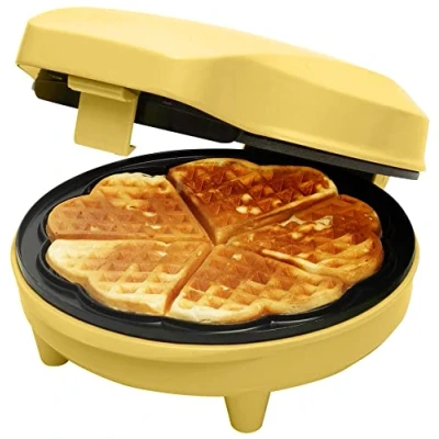 Image de Bestron Gaufrier pour gaufres classiques en forme de cœur, Machine à avec revêtement anti adhésif Design rétro, 700 Watts, Couleur: jaune ASW217V