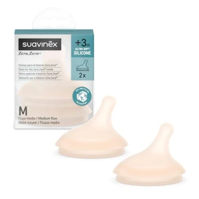 Image de Suavinex, Lot de 2 Tetines pour Biberon Anti Colique Zero Zero. Débit Moyen (M), Laisse Passer Liquides à Densité Moyenne, Tétine Zero, en Silicone, +3 Mois, U