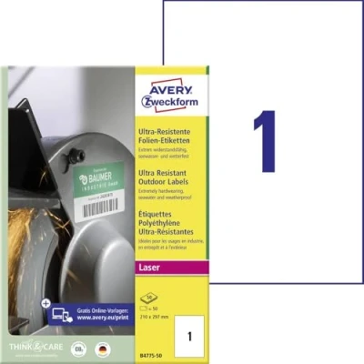 Image de AVERY Zweckform B4775 50 Lot de feuilles d&#039;étiquettes en film résistant (210 x 297 mm sur A4, extrêmement puissantes, pour surfaces difficiles, adhésif imprimable), feuilles, blanc