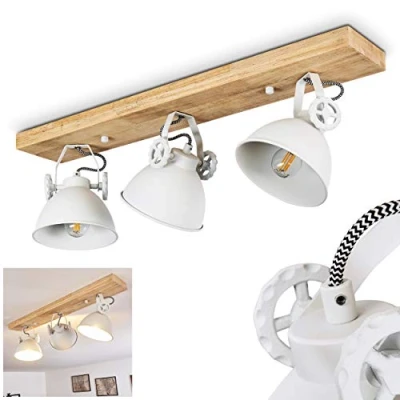 Image de Plafonnier Svanfolk en bois et métal blanc, 3 spots de plafond pivotants style rétro industriel, idéals dans un salon vintage, pour ampoules E14, ampoule(s) non incluse(s)