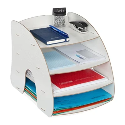 Image de Relaxdays Rangement Documents, 4 Compartiments, étagères Lettres, Organiseur Format A4, HxLxP:27 x 25,5 34,5 cm, Blanc