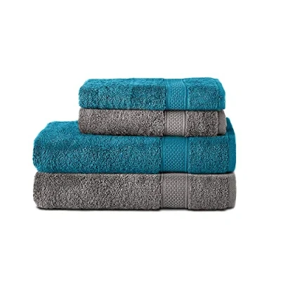 Image de Komfortec Lot de 4 Serviettes 100% Coton 470 g/m², 2 Serviette Bain 70x140 cm et Essuie Mains 50x100 cm, éponge Douce, Grande Taille, Gris Anthracite/Turquoise