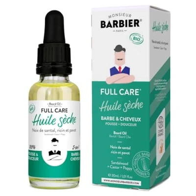 Image de Monsieur Barbier : Huile Sèche barbe et Visage FULL CARE ricin, santal pavot 100% naturelle pour une pousse rapide douce, parfum frais léger Made in France ! 30 mL