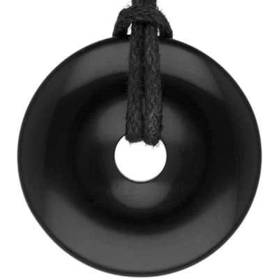 Image de Lebensquelle Plus Donut en obsidienne noire Ø 30 mm + cordon coton Pendentif Pierre précieuse Collier véritable de guérison avec ruban qualité supérieure,
