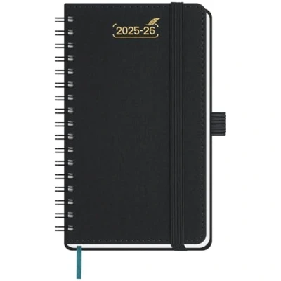 Image de BEZEND Petit Agenda 2025 2026 de Poche Spirale 15,5 x 9 cm Semainier 25 26 avec Double Horaire 1 Semaine 2 Pages 18 Mois Du juil. à déc. Couverture Souple en Cuir PU Noir