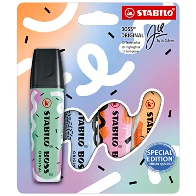 Image de Surligneur STABILO BOSS ORIGINAL by Ju Schnee Etui carton x 4 surligneurs édition limitée coloris pastel assortis