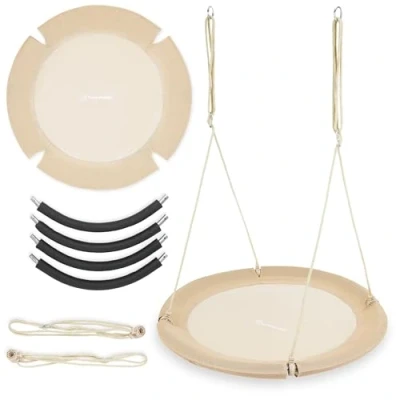 Image de HyperMotion Balancoire Nid d&#039;Oiseau 100 cm Diamètre Balançoire Enfant et Adultes Exterieur/Interieur Capacité de Charge 150 kg Confort &amp; Sécurité (Beige Boho)