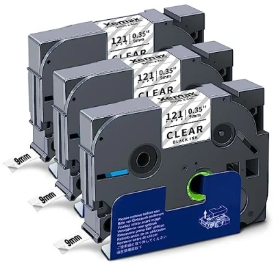 Image de Xemax Compatible Ruban 9mm x 8m Remplacement pour Brother PT Tze 121 Tz Noir sur Transparent Laminé Cassette Bandes H105 H101C 1010 P750W H100P 1000 E100, Pack de 3