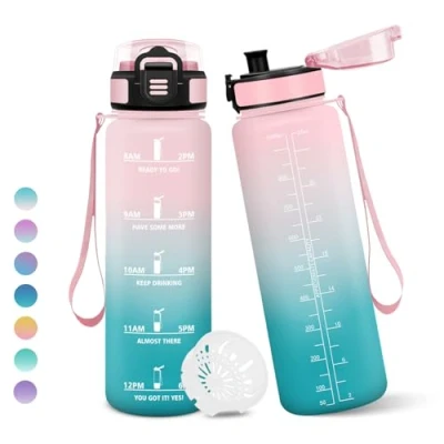 Image de Gourde, 1000ML Sans BPA, Gourde sport, Avec Horodatage, Bouteille, Conception de Verrouillage Anti Fuite, Bouteille Plastique pour bureau, En cours d&#039;exécution, Escalader Des Montagnes Rose&amp;cyan