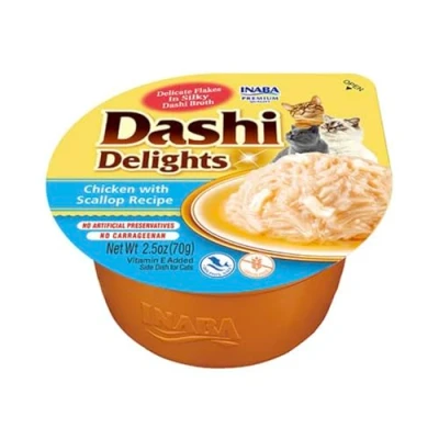 Image de INABA Dashi Delights Morceaux dans Un Bouillon de Flocons bonite au Poulet &amp; pétoncles 1 x 70g Délicieuse et Saine Topping Riche en protéines Ingrédients naturels Pâtée pour Chat