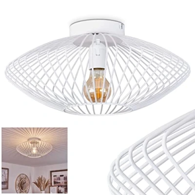 Image de plafonnier Wemude, rond en métal blanc, luminaire rétro avec effet de lumière grâce à l&#039;aspect grillagé, Ø 40 cm, 1 flamme, douille E27, ampoule(s) non incluse(s)