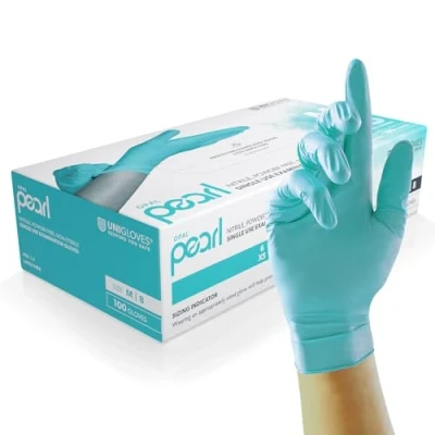 Image de UNIGLOVES Aqua Blu Pearl Gants d&#039;examen en Nitrile jetables Polyvalents, sans Poudre et Latex boîte de 100 Gants, Bleu Pacifique, Taille XS (GP0091)