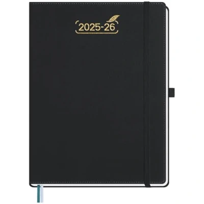 Image de BEZEND Agenda 2025 2026 A4 28 x 22 cm Semainier 25 26 avec Double Horaire 1 Semaine 2 Pages 18 Mois Du juil. à déc. Couverture Rigide en Cuir PU Noir